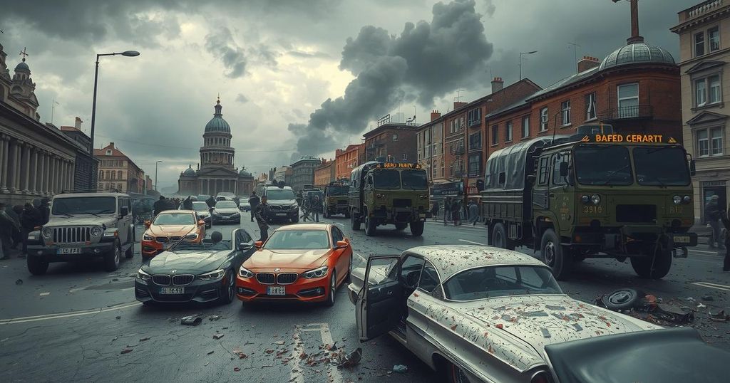 Протесты и силовые структуры в Лос-Анджелесе, мрачное небо, военная техника и разбитые машины.