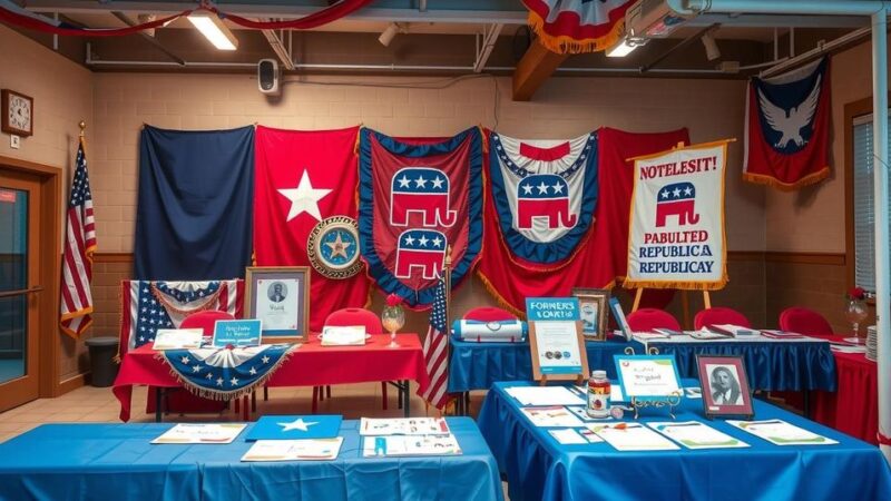 Political rally with Republican themes and symbols in a vibrant setting, reflecting a community event atmosphere.