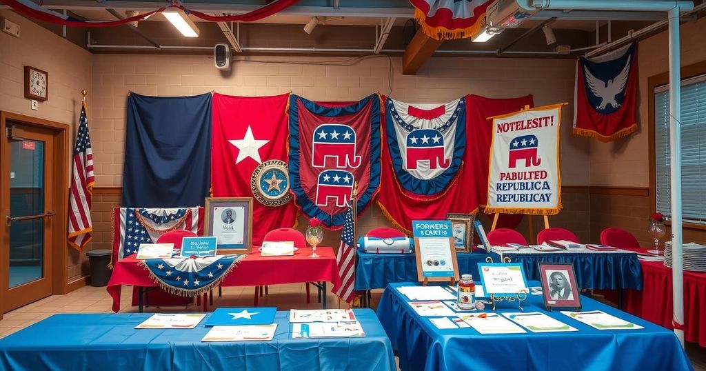 Political rally with Republican themes and symbols in a vibrant setting, reflecting a community event atmosphere.