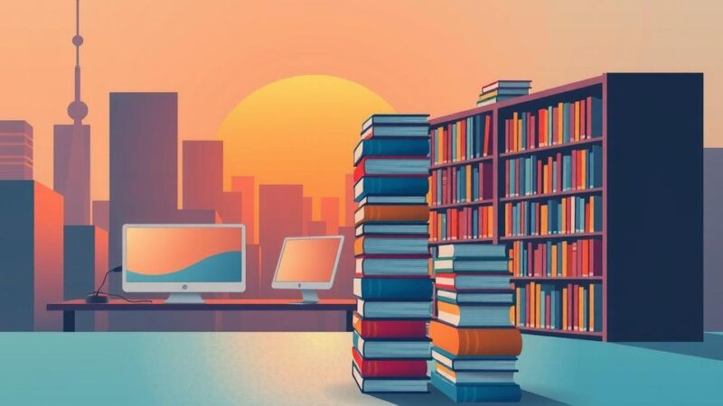 Иконка с абстрактной библиотекой на фоне компьютерных экранов и зданий под вечерним небом в оранжевых тонах.