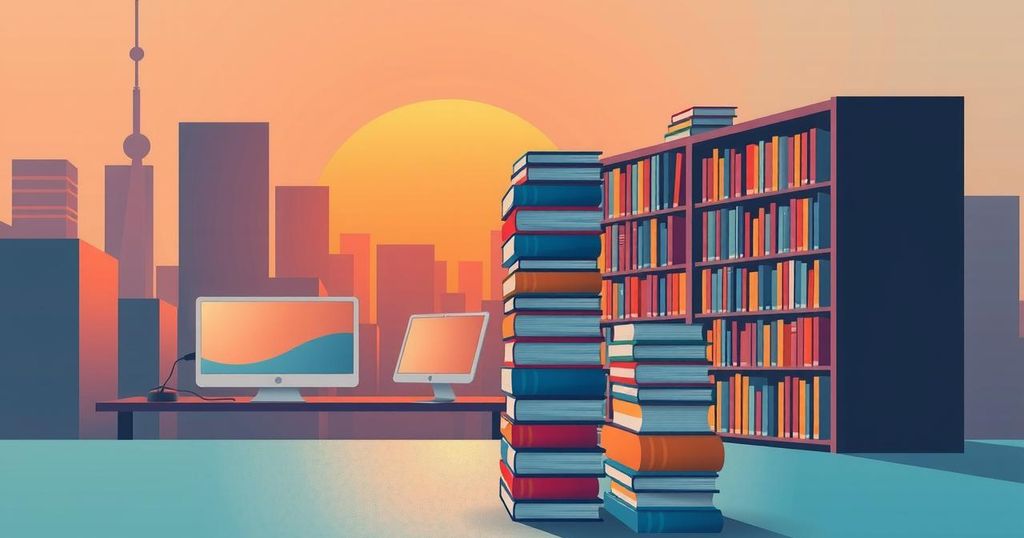 Иконка с абстрактной библиотекой на фоне компьютерных экранов и зданий под вечерним небом в оранжевых тонах.