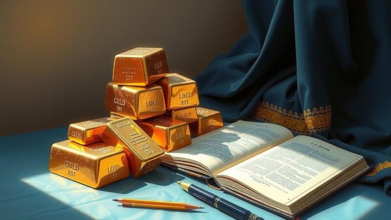 Золотые слитки и открытая книга с юридическими текстами на столе.