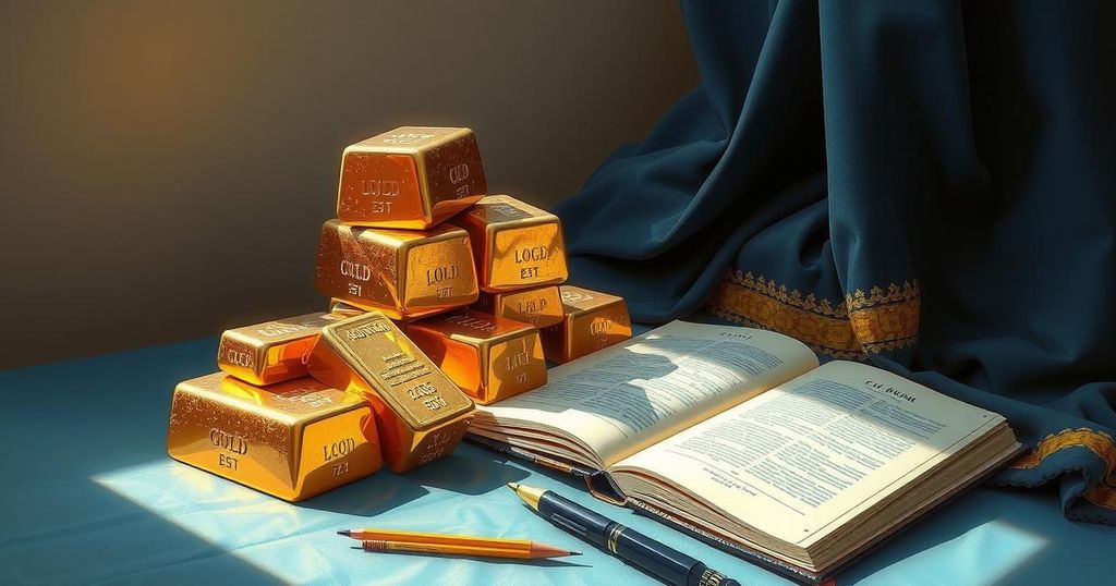 Золотые слитки и открытая книга с юридическими текстами на столе.