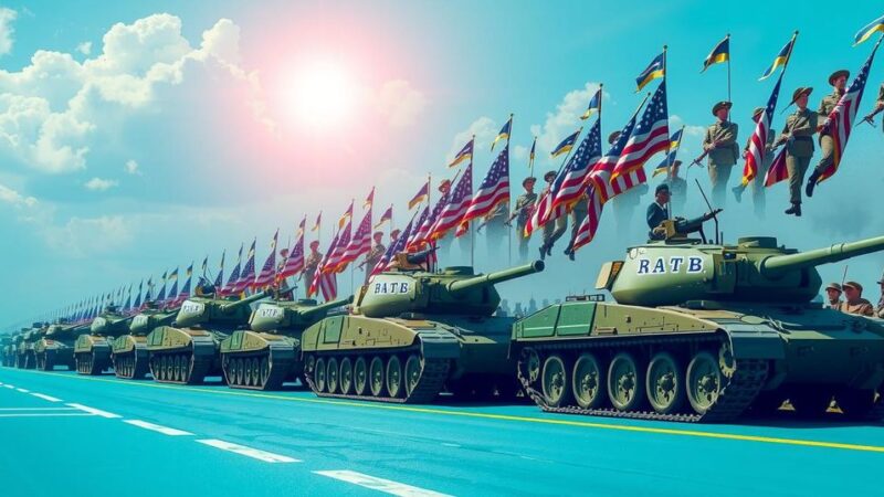 Военная парадная сцена с танками и солдатами под ярким солнцем.
