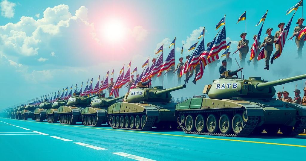Военная парадная сцена с танками и солдатами под ярким солнцем.