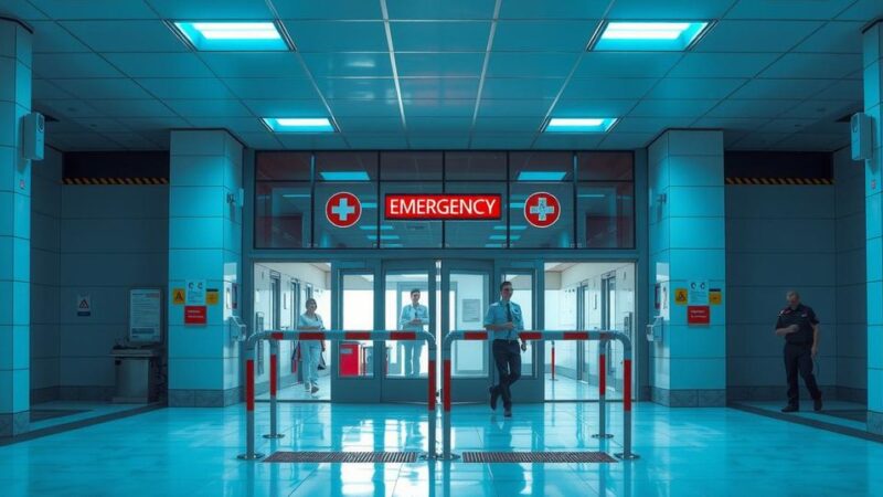 Секретарь внутренней безопасности в медицинском учреждении с охраной, пультовые лампы, оттенки синего.