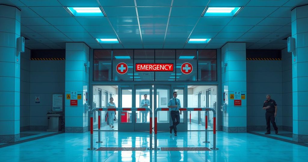 Секретарь внутренней безопасности в медицинском учреждении с охраной, пультовые лампы, оттенки синего.
