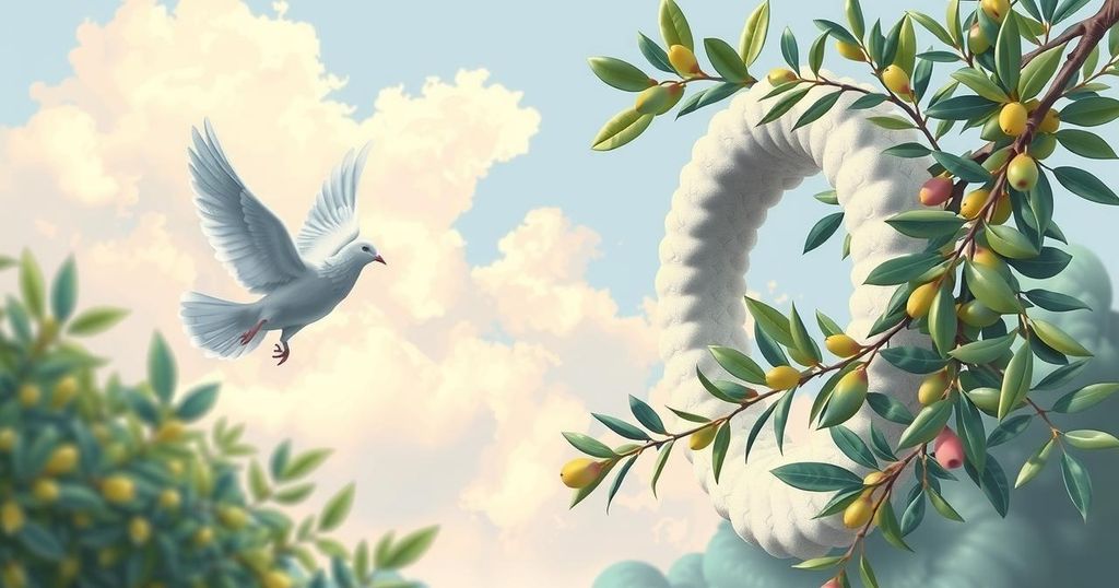 Изображение с символами мира, окружённое растениями и спокойным небом, отражающими надежду на мирное сосуществование.