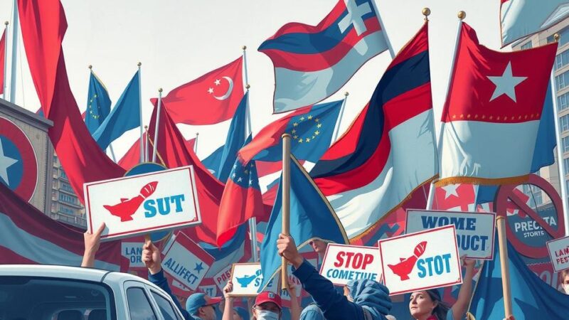 Политическая акция с символами протеста и флагами, в красных и синих тонах